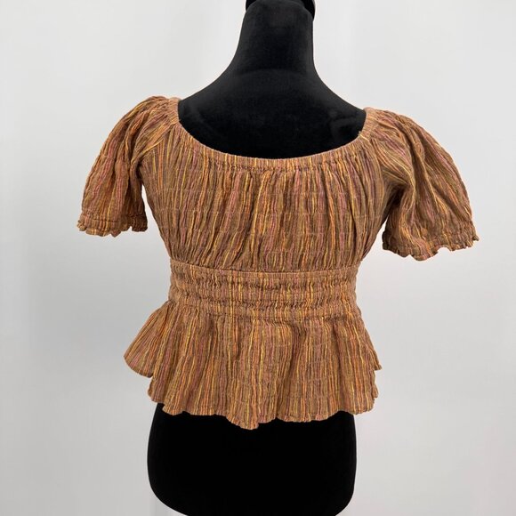 Free People Vivi‎ Smocked Peasant Top Womens M Milk maid Tie Blouson Puff Sleeve - Picture 7 of 7